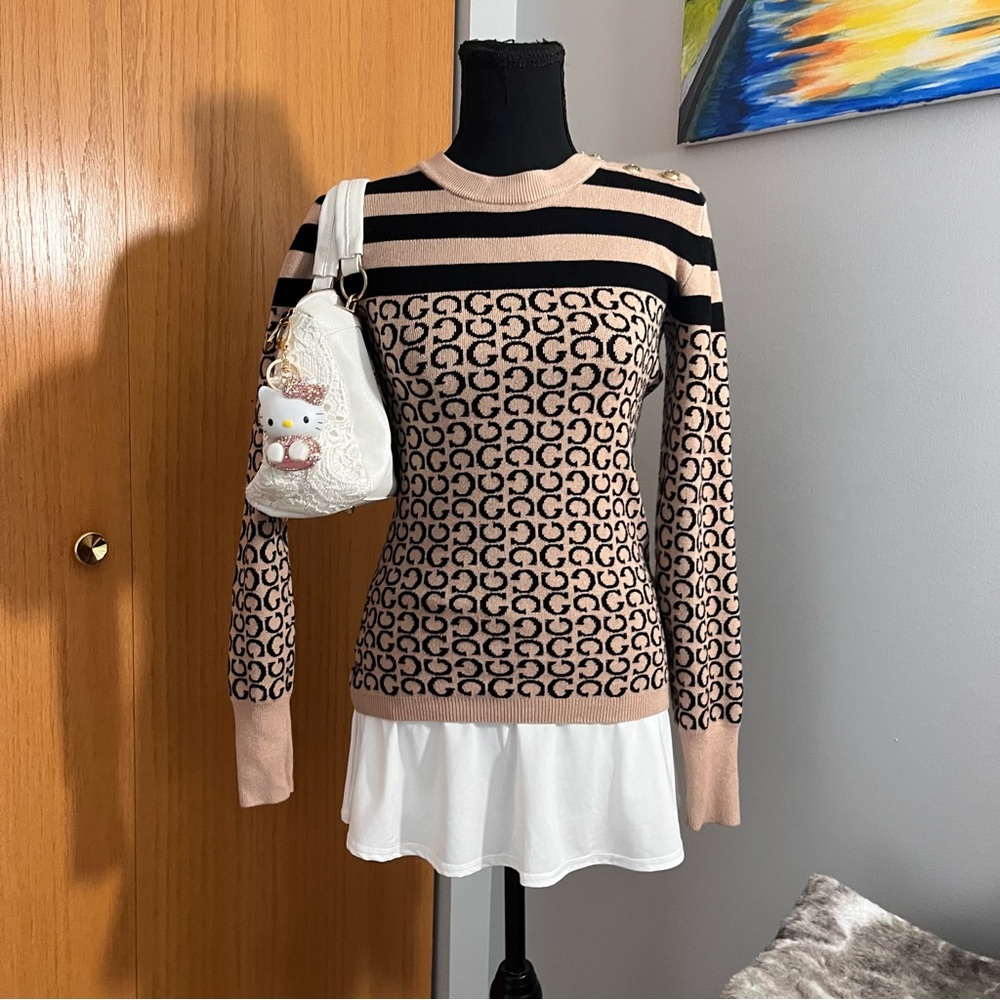 Guess Black and Tan Striped Sweater